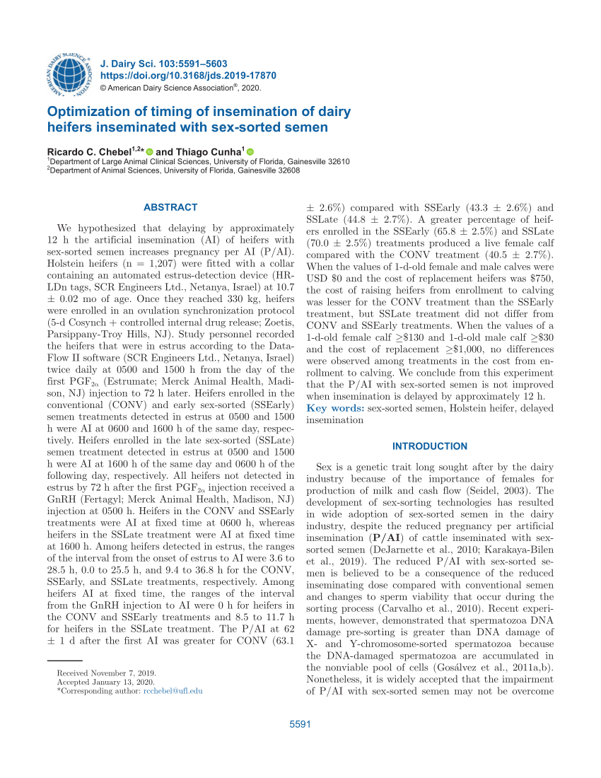 Pdf Optimization Of Timing Of Insemination Of Dairy Heifers Inseminated With Sex Sorted Semen 1331