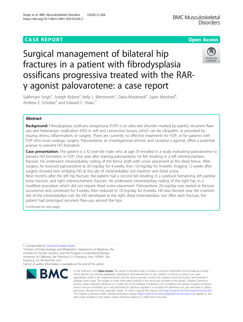 Pdf Surgical Management Of Bilateral Hip Fractures In A Patient With Fibrodysplasia Ossificans Progressiva Treated With The Rar G Agonist Palovarotene A Case Report