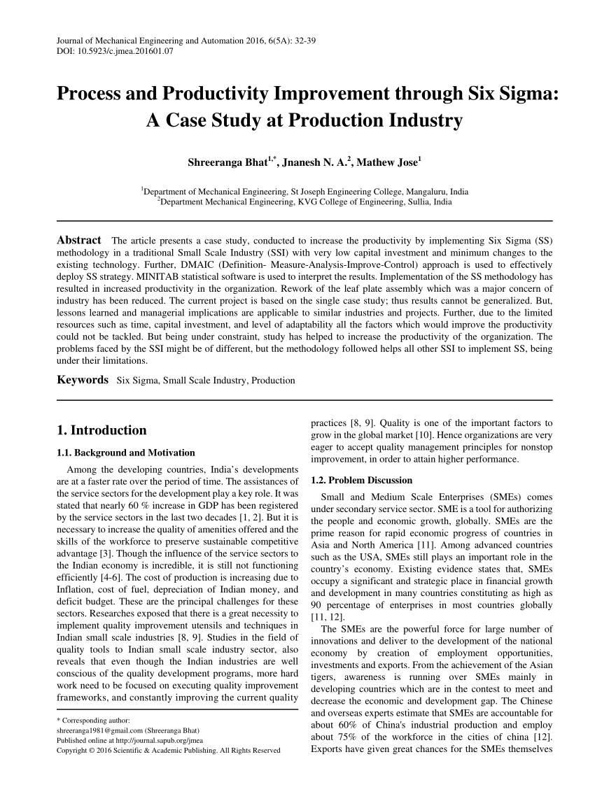 PDF) Process and Productivity Improvement through Six Sigma: A