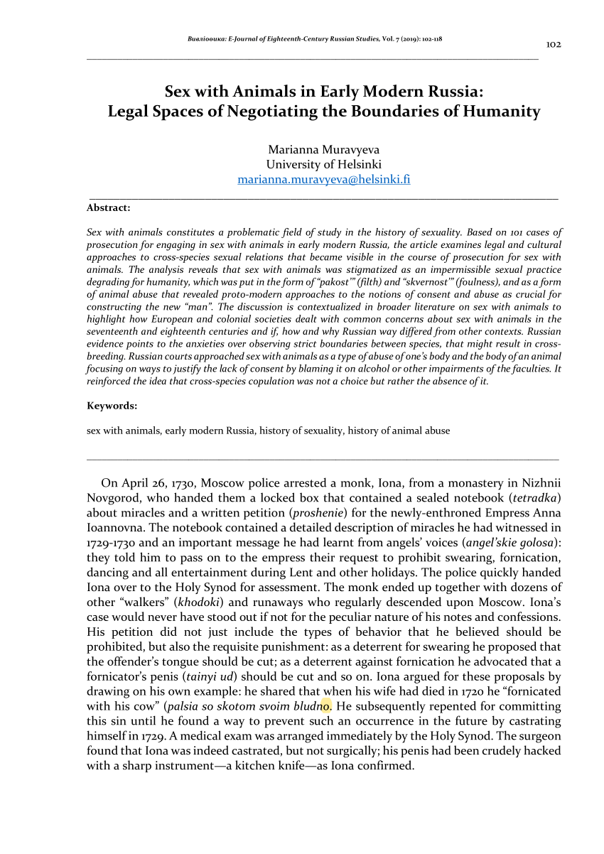 PDF) Sex With Animals in Early Modern Russia: Legal Spaces of Negotiating  the Boundaries of Humanity