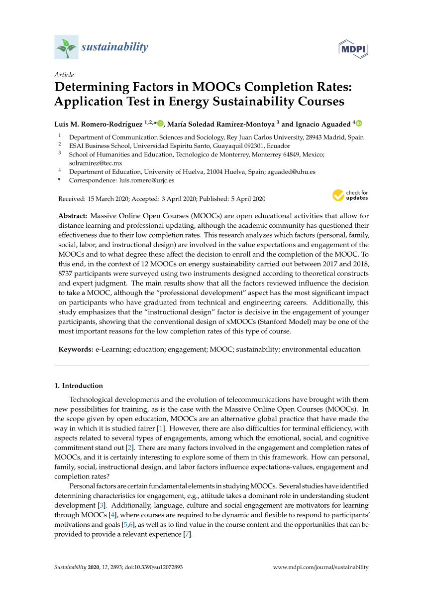 Pdf Determining Factors In Moocs Completion Rates Application Test In Energy Sustainability Courses