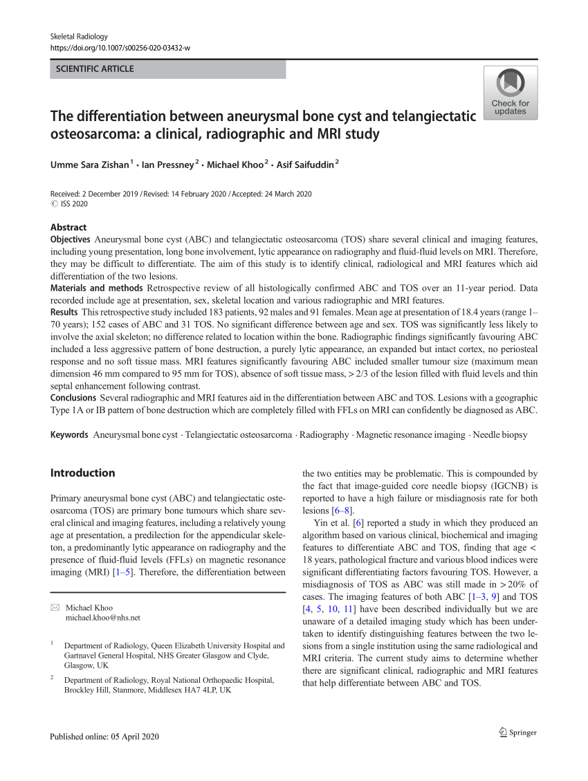 Pdf The Differentiation Between Aneurysmal Bone Cyst And Telangiectatic Osteosarcoma A 3260