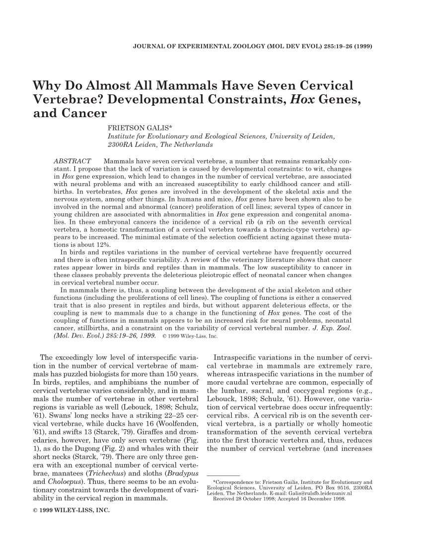 (PDF) Why do almost all mammals have seven cervical vertebrae