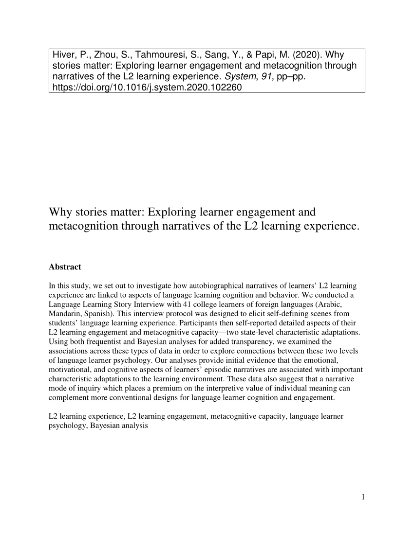 Pdf Why Stories Matter Exploring Learner Engagement And Metacognition Through Narratives Of The L2 Learning Experience
