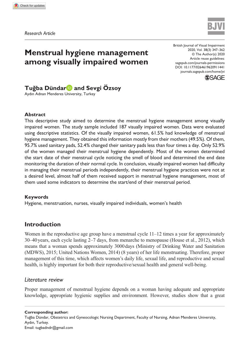 PDF) Menstrual hygiene management among visually impaired women