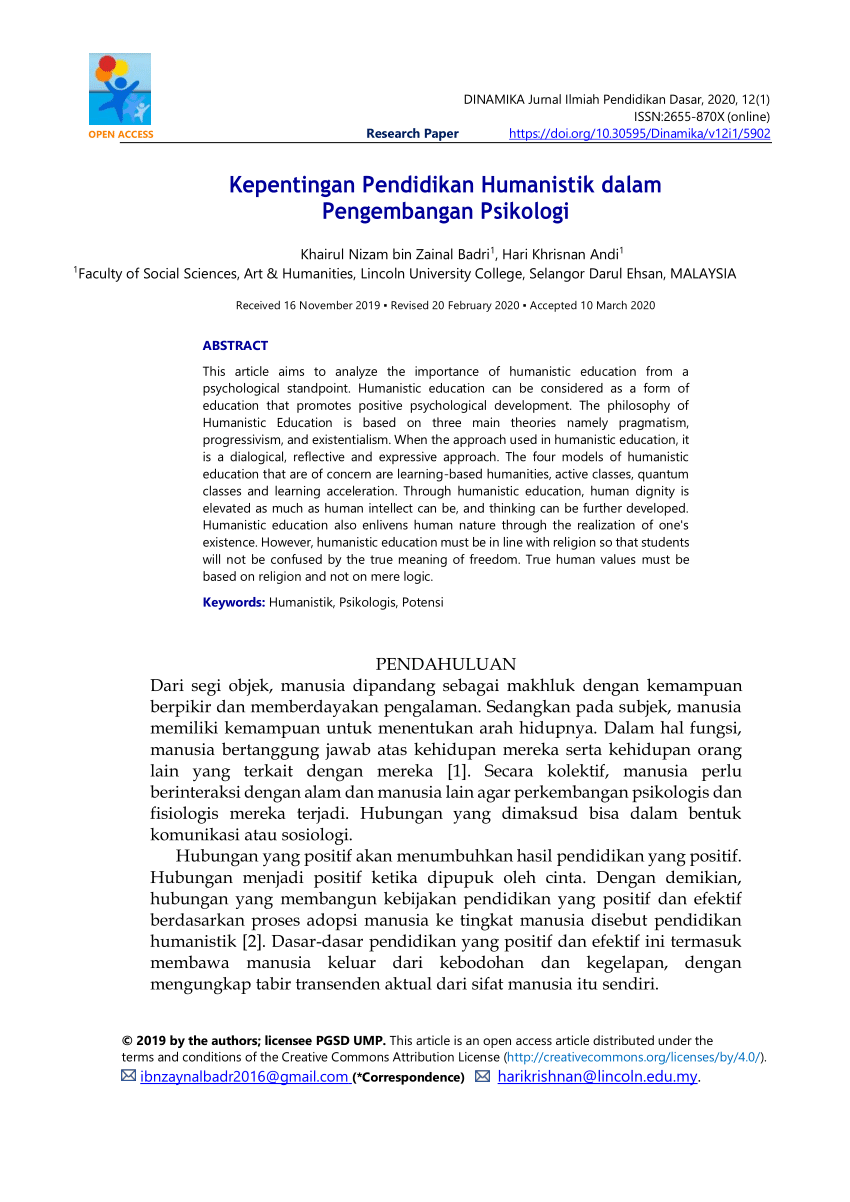 Pdf Kepentingan Pendidikan Humanistik Dalam Pengembangan Psikologi