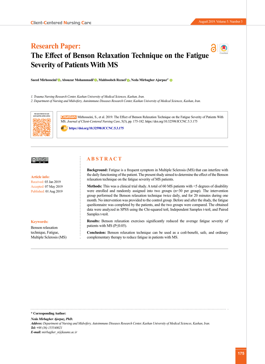 Pdf The Effect Of Benson Relaxation Technique On The Fatigue Severity Of Patients With Ms