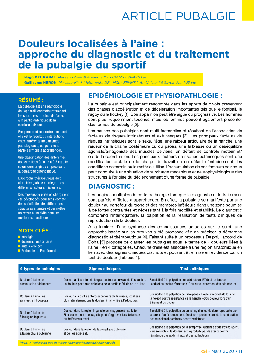 PDF) Douleurs localisées à l'aine : approche du diagnostic et du traitement  de la pubalgie du sportif