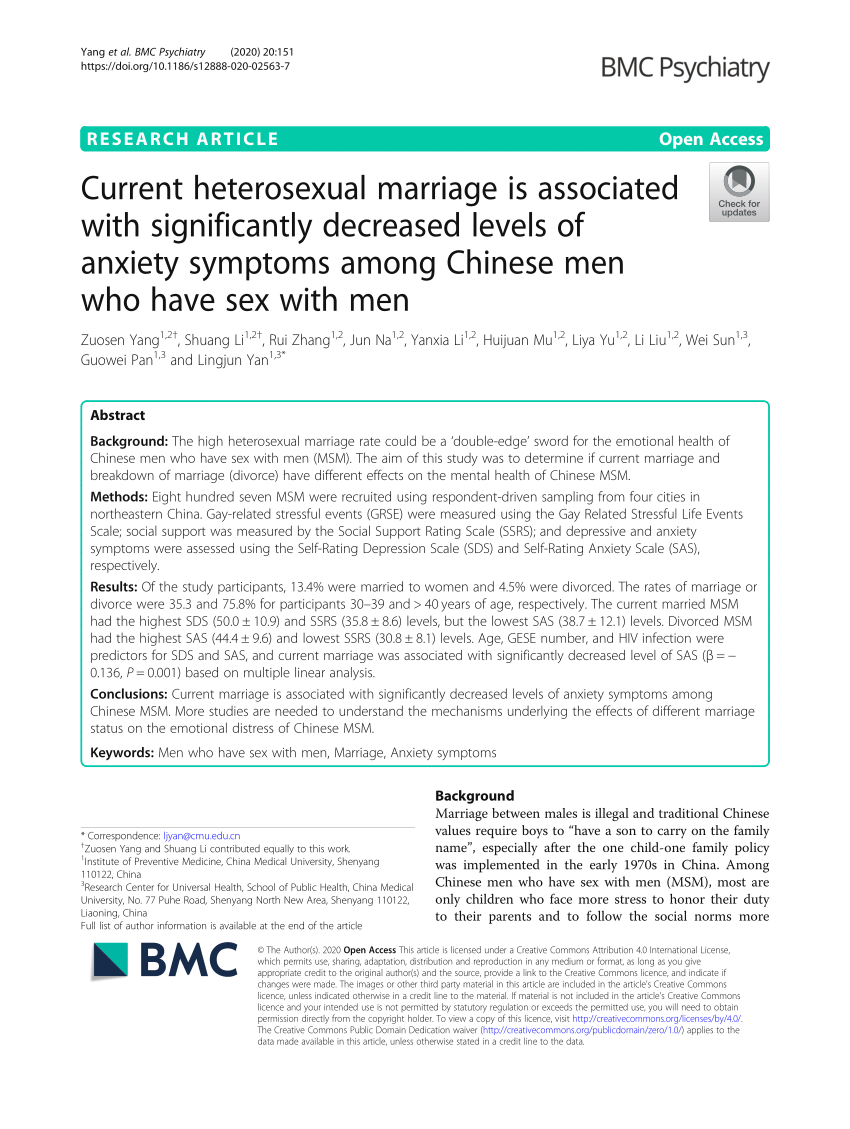 PDF) Current heterosexual marriage is associated with significantly decreased levels of anxiety symptoms among Chinese men who have sex with photo