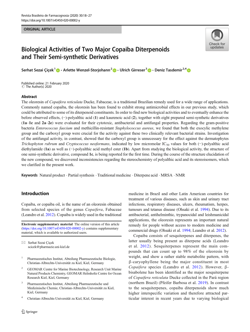 Pdf Biological Activities Of Two Major Copaiba Diterpenoids And Their Semi Synthetic Derivatives