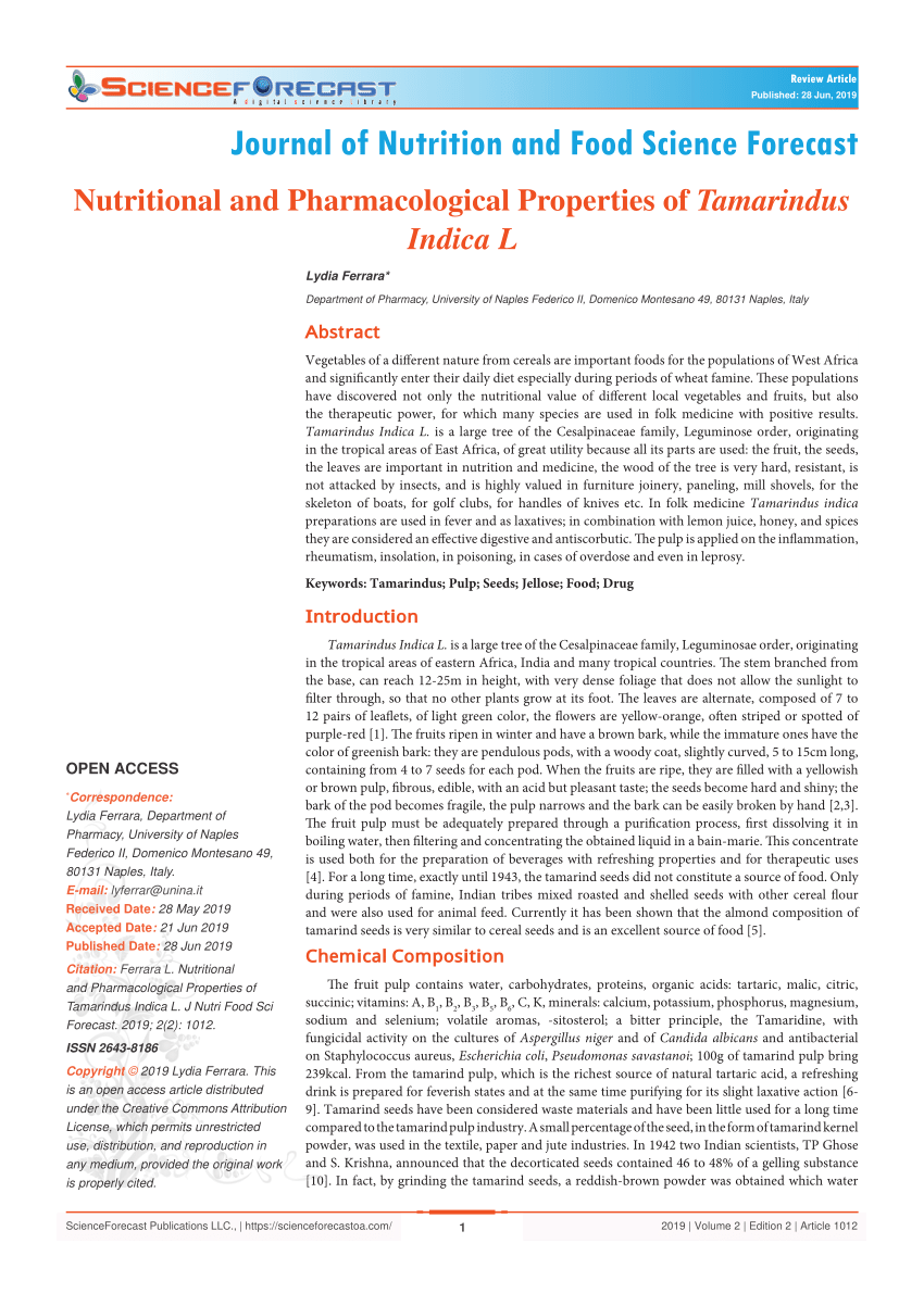 Pdf Nutritional And Pharmacological Properties Of Tamarindus Indica L