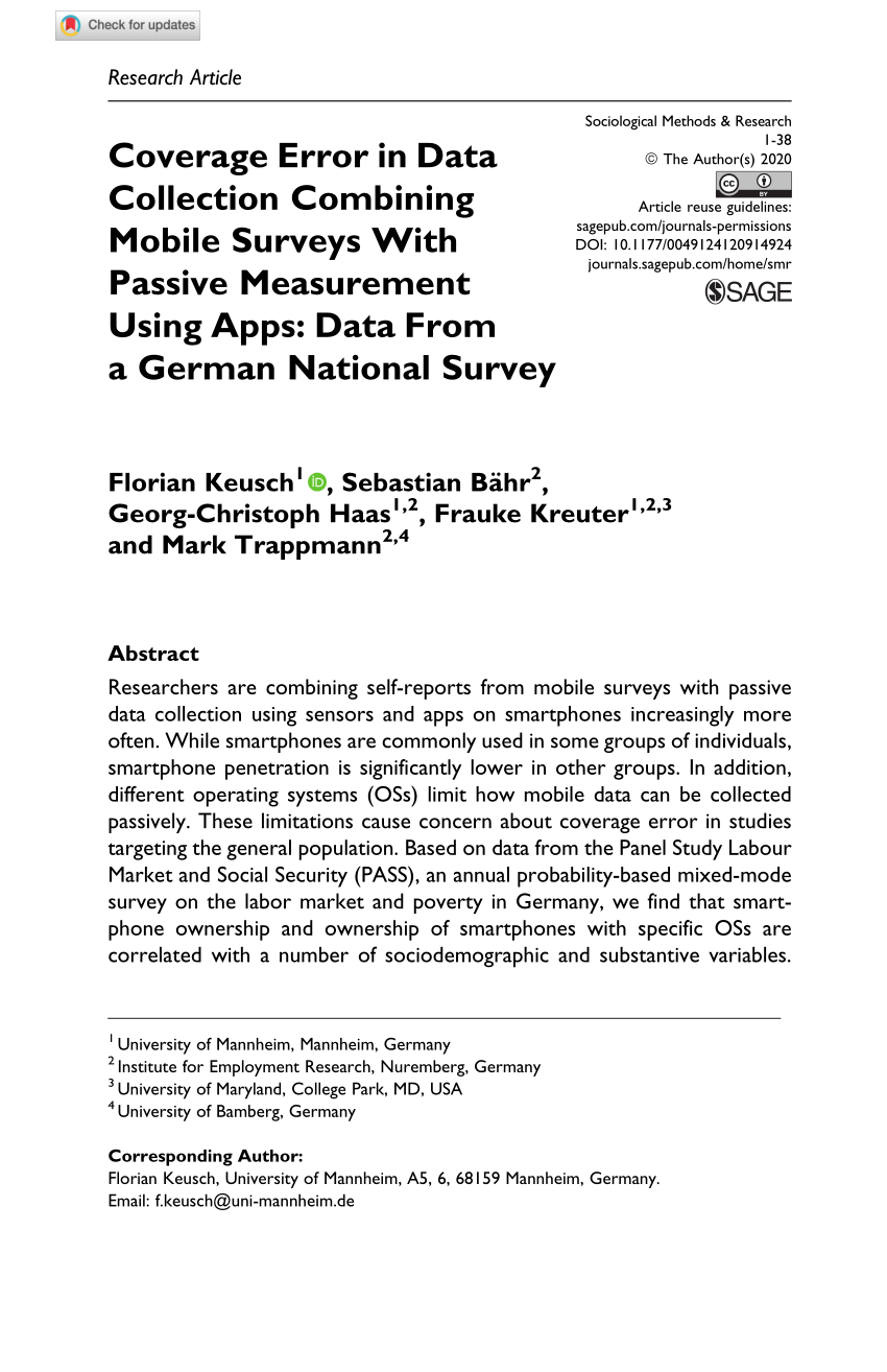 Pdf Coverage Error In Data Collection Combining Mobile Surveys With Passive Measurement Using Apps Data From A German National Survey