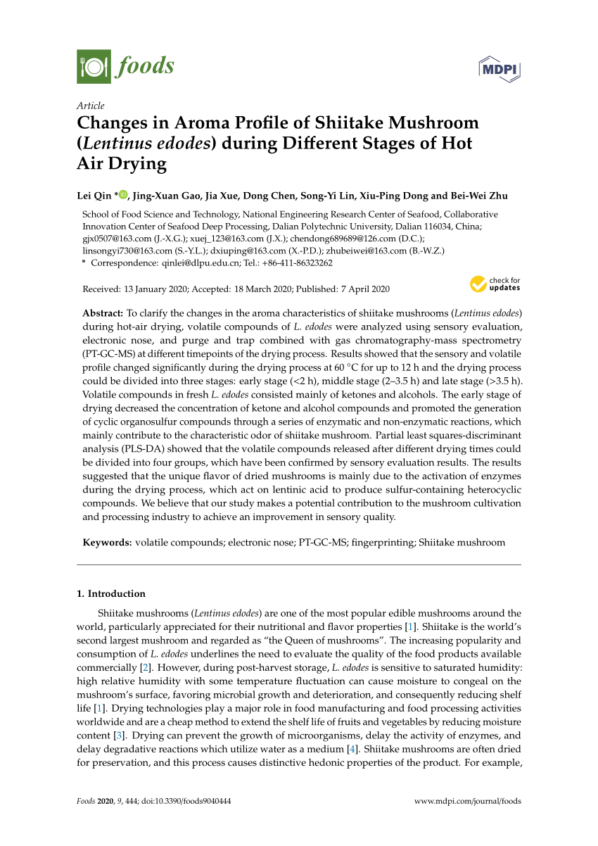 Pdf Changes In Aroma Profile Of Shiitake Mushroom Lentinus Edodes During Different Stages Of Hot Air Drying
