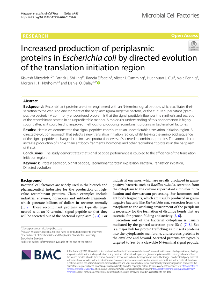 Pdf Increased Production Of Periplasmic Proteins In Escherichia Coli By Directed Evolution Of The Translation Initiation Region