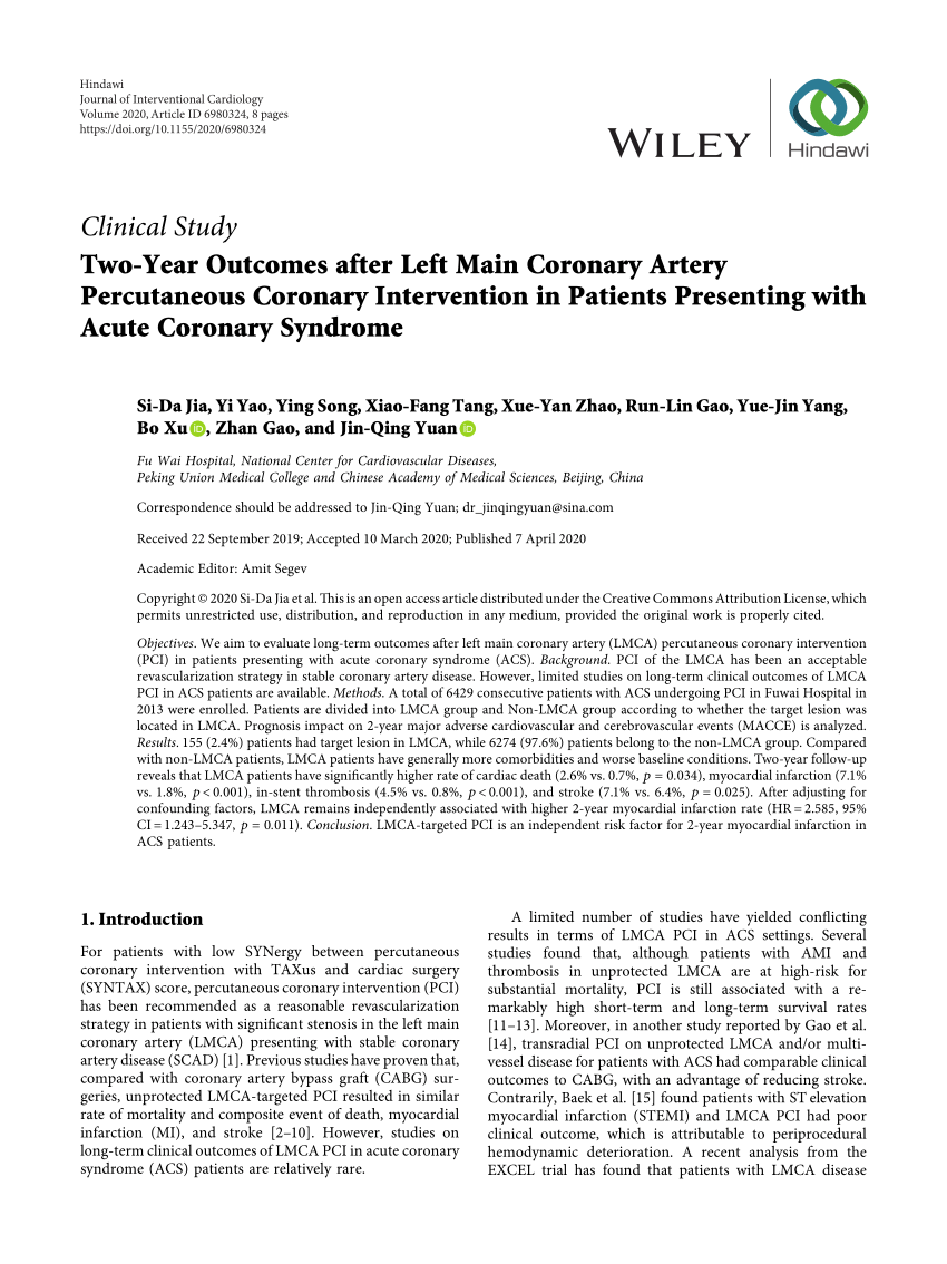 PDF) Two-Year Outcomes after Left Main Coronary Artery Percutaneous Coronary  Intervention in Patients Presenting with Acute Coronary Syndrome