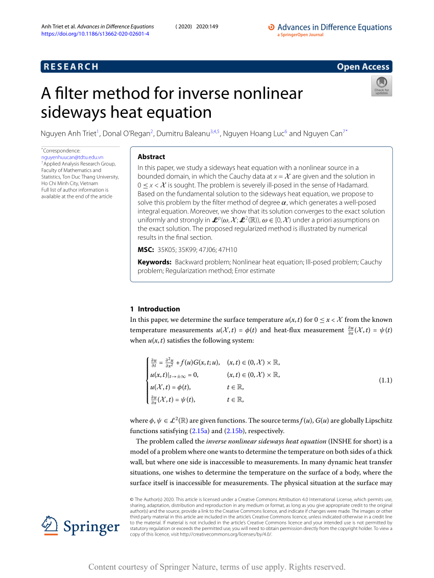 Pdf A Filter Method For Inverse Nonlinear Sideways Heat Equation
