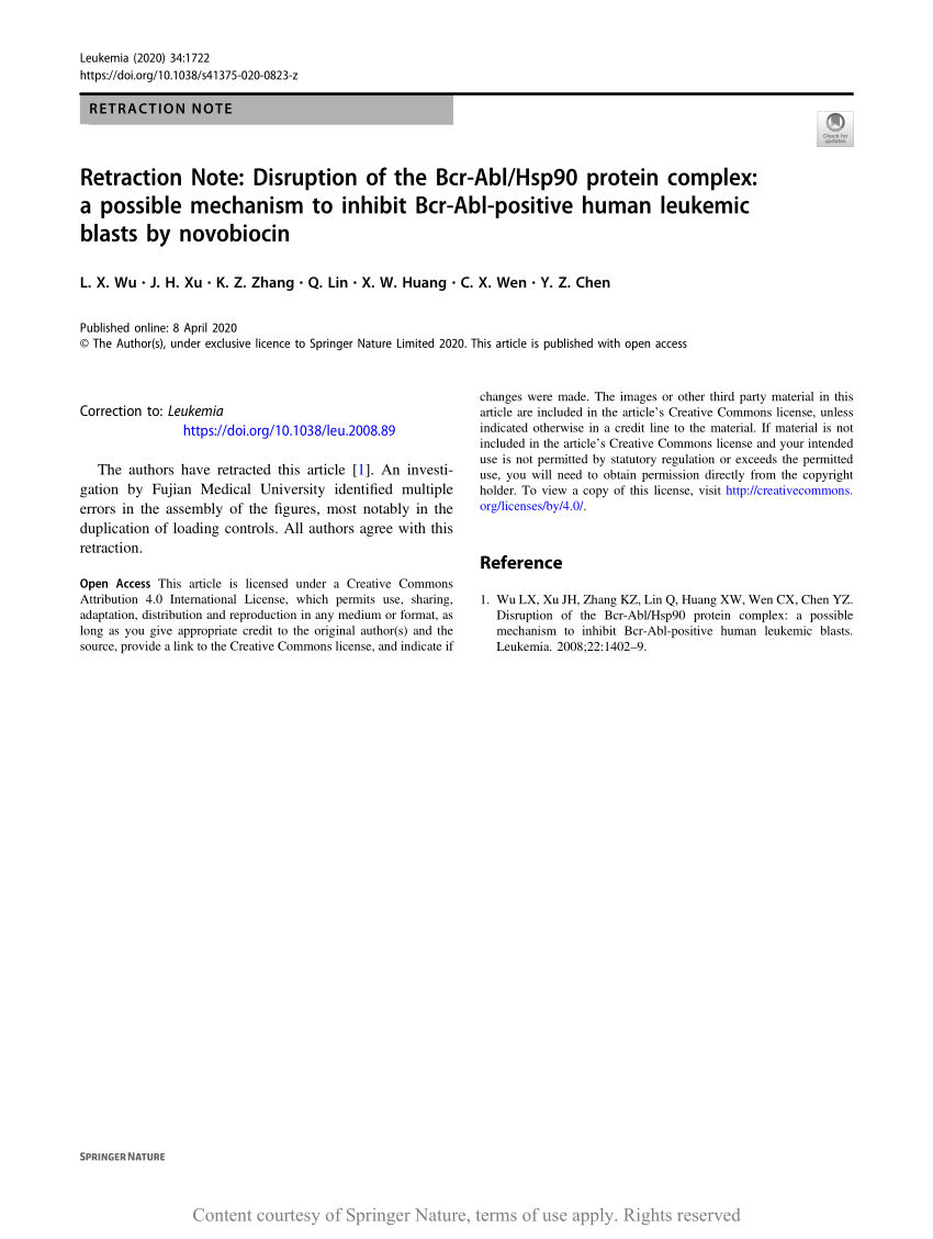 Pdf Retraction Note Disruption Of The r Abl Hsp90 Protein Complex A Possible Mechanism To Inhibit r Abl Positive Human Leukemic Blasts By Novobiocin