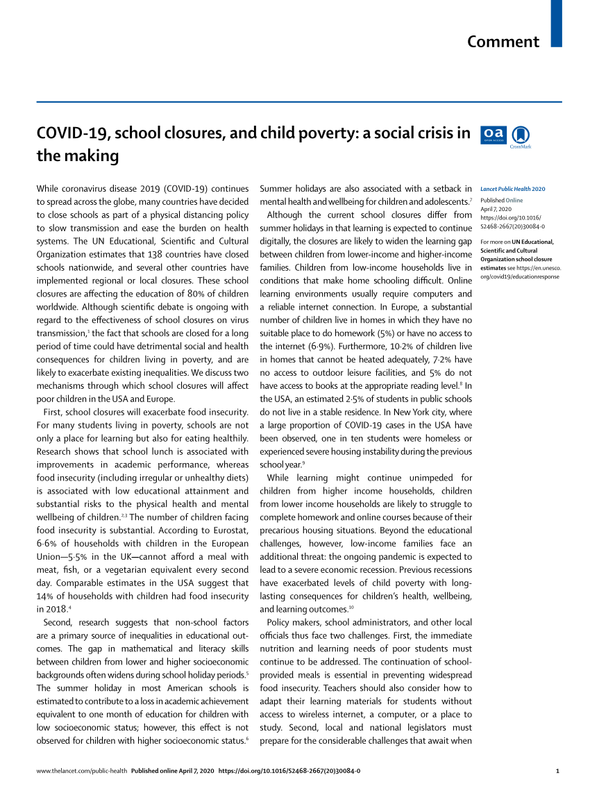 Pdf Covid 19 School Closures And Child Poverty A Social Crisis In The Making