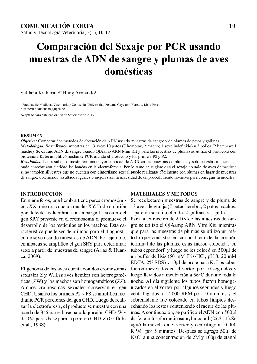 Pdf Comparación Del Sexaje Por Pcr Usando Muestras De Adn De Sangre Y Plumas De Aves Domésticas 5595