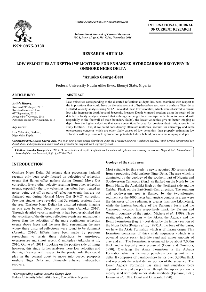 Pdf Low Velocities At Depth Implications For Enhanced Hydrocarbon Recovery In Onshore Niger Delta