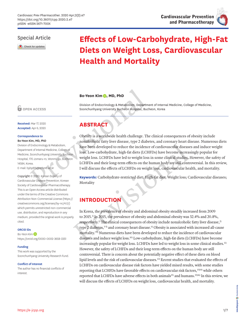 Pdf Effects Of Low Carbohydrate High Fat Diets On Weight Loss Cardiovascular Health And 3512