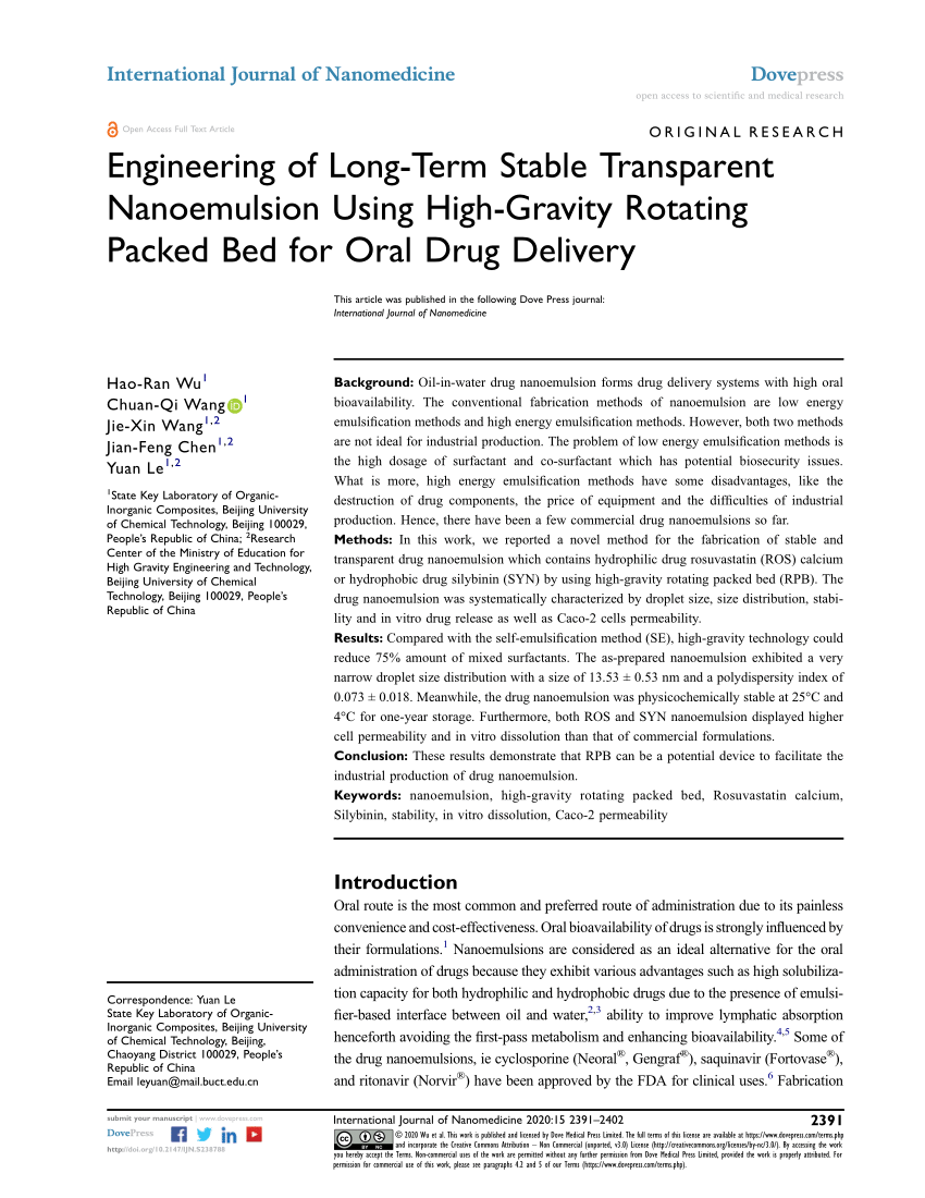 PDF) Engineering of Long-Term Stable Transparent Nanoemulsion Using  High-Gravity Rotating Packed Bed for Oral Drug Delivery