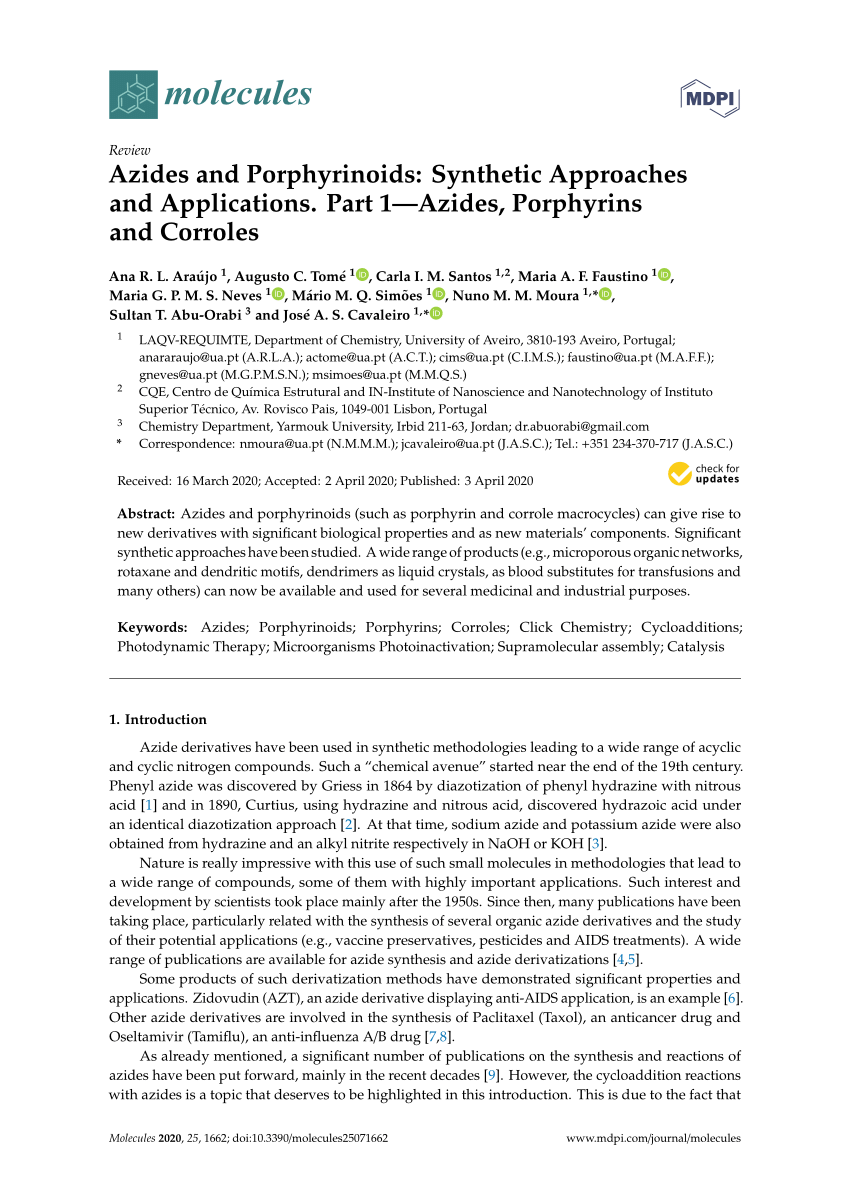 Pdf Azides And Porphyrinoids Synthetic Approaches And Applications Part 1 Azides Porphyrins And Corroles