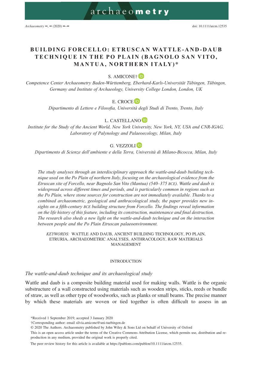 Pdf Building Forcello Etruscan Wattle And Daub Technique In The Po Plain Bagnolo San Vito Mantua Northern Italy