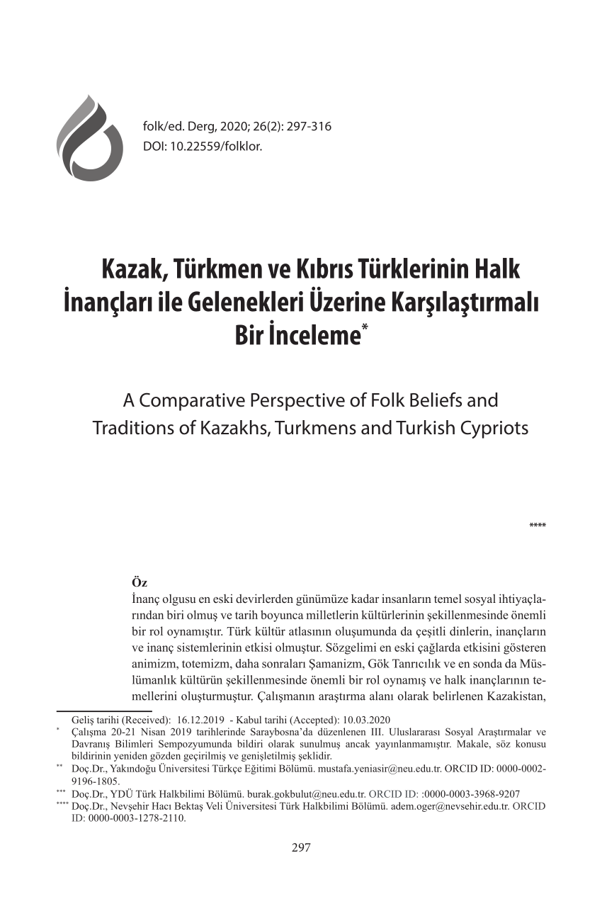 Pdf Kazak Turkmen Ve Kibris Turklerinin Halk Inanclari Ile Gelenekleri Uzerine Kars