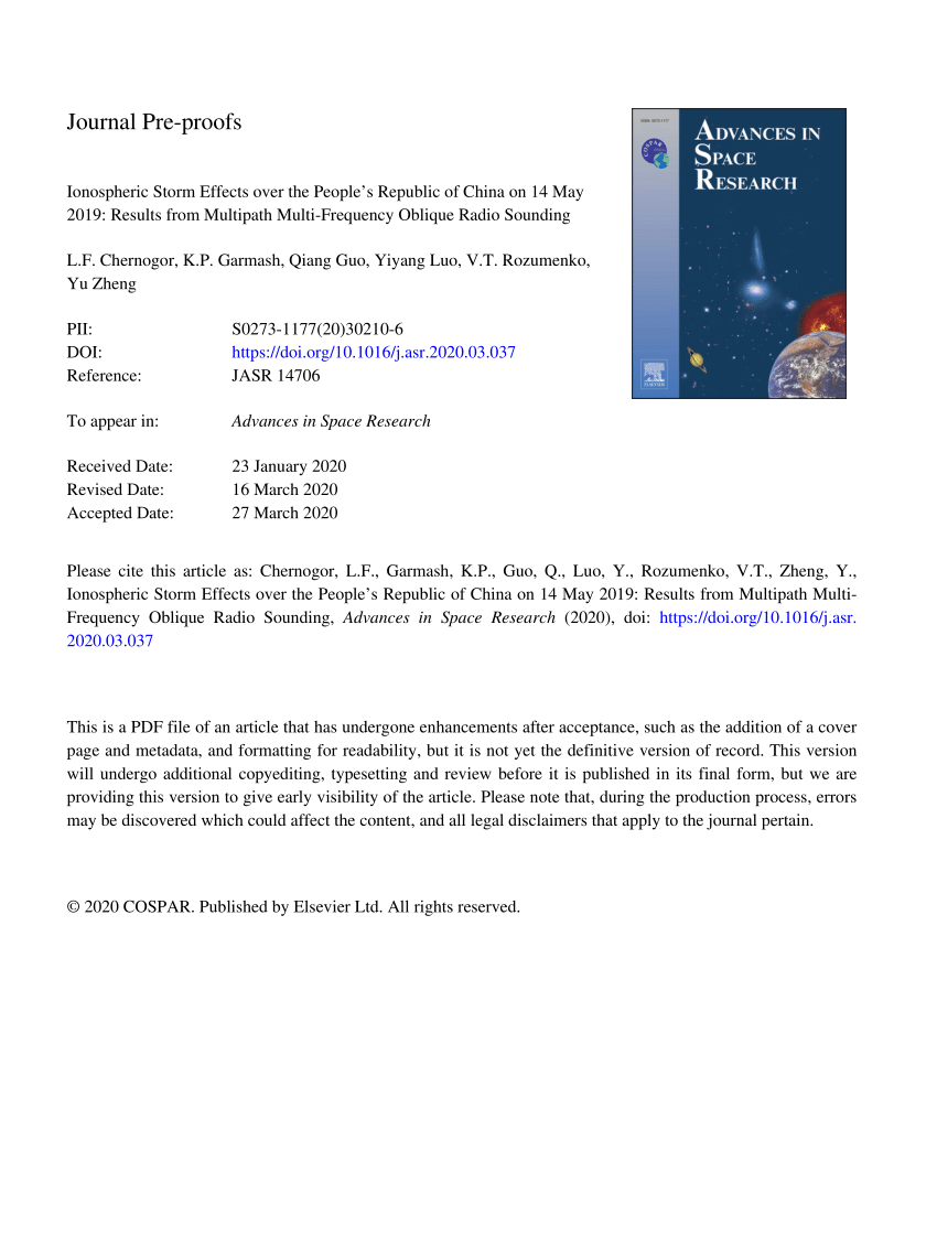 Pdf Ionospheric Storm Effects Over The People S Republic Of China On 14 May 19 Results From Multipath Multi Frequency Oblique Radio Sounding