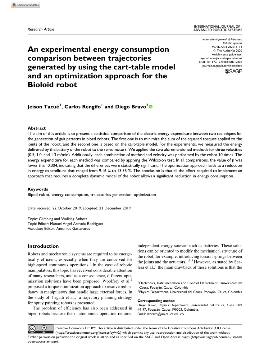 Pdf An Experimental Energy Consumption Comparison Between Trajectories Generated By Using The Cart Table Model And An Optimization Approach For The Bioloid Robot