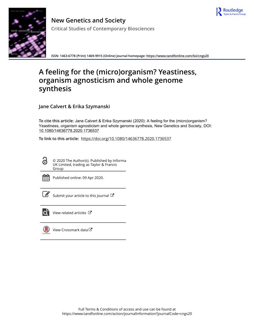 Pdf A Feeling For The Micro Organism Yeastiness Organism Agnosticism And Whole Genome Synthesis