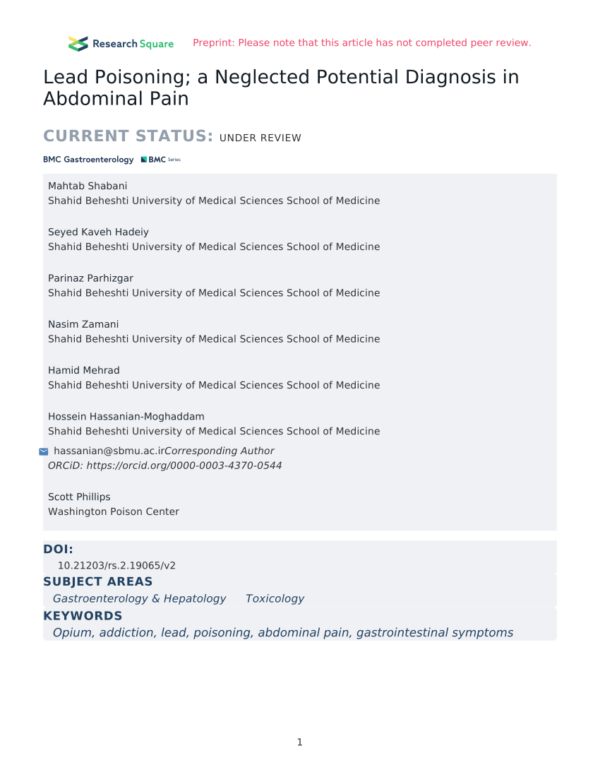 (PDF) Lead Poisoning; a Neglected Potential Diagnosis in Abdominal Pain