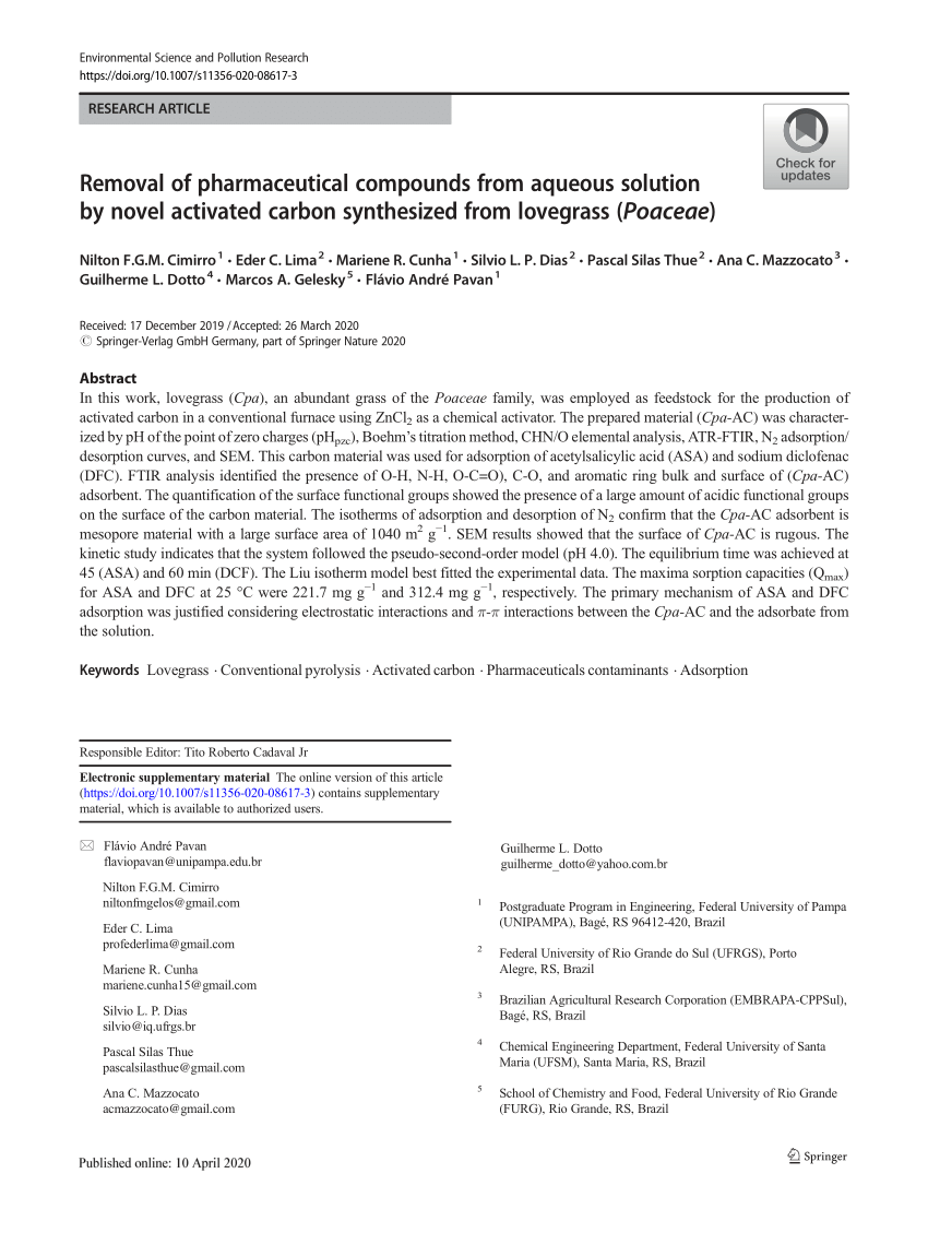 Pdf Removal Of Pharmaceutical Compounds From Aqueous Solution By Novel Activated Carbon Synthesized From Lovegrass Poaceae