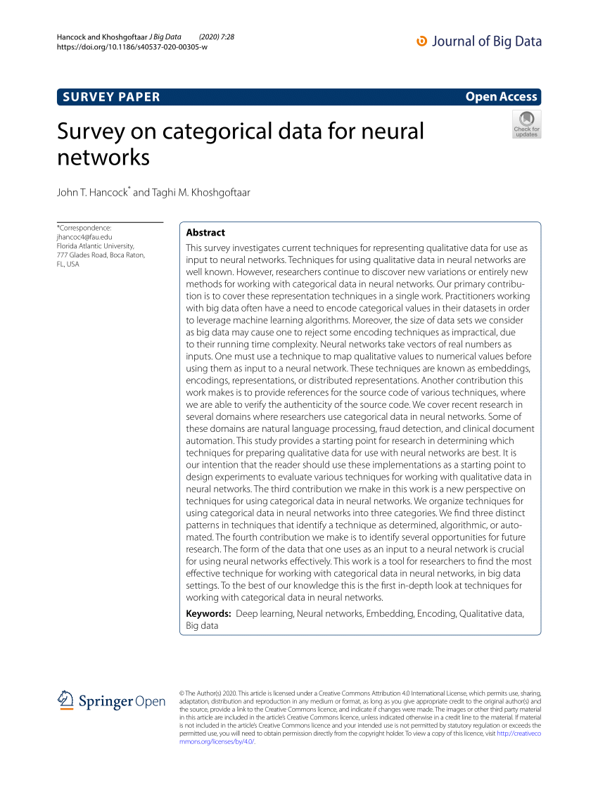 Pdf Survey On Categorical Data For Neural Networks