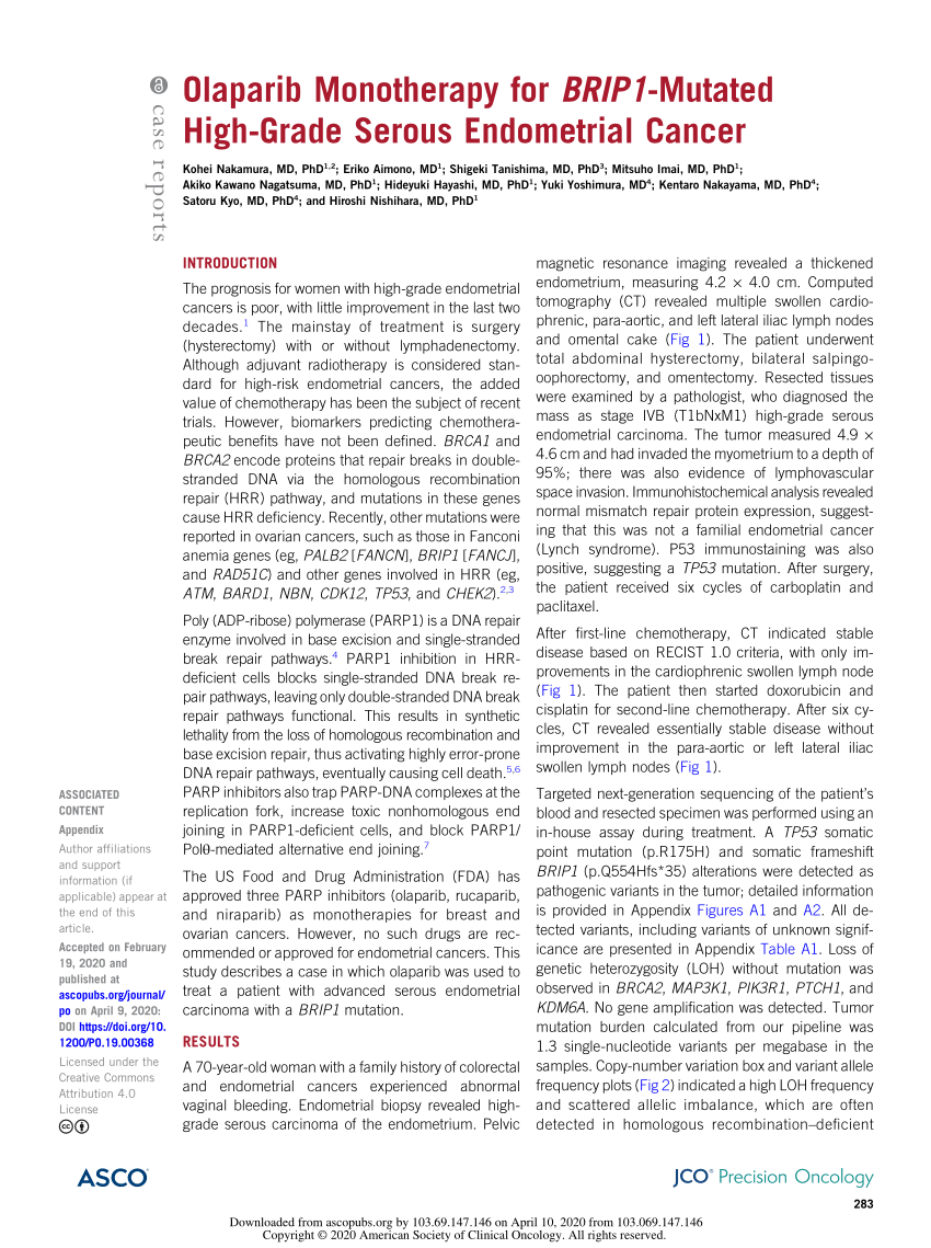 Pdf Olaparib Monotherapy For Brip1 Mutated High Grade Serous Endometrial Cancer 9701