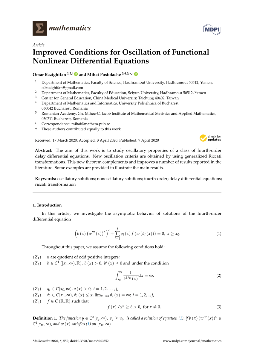 Pdf Improved Conditions For Oscillation Of Functional Nonlinear Differential Equations