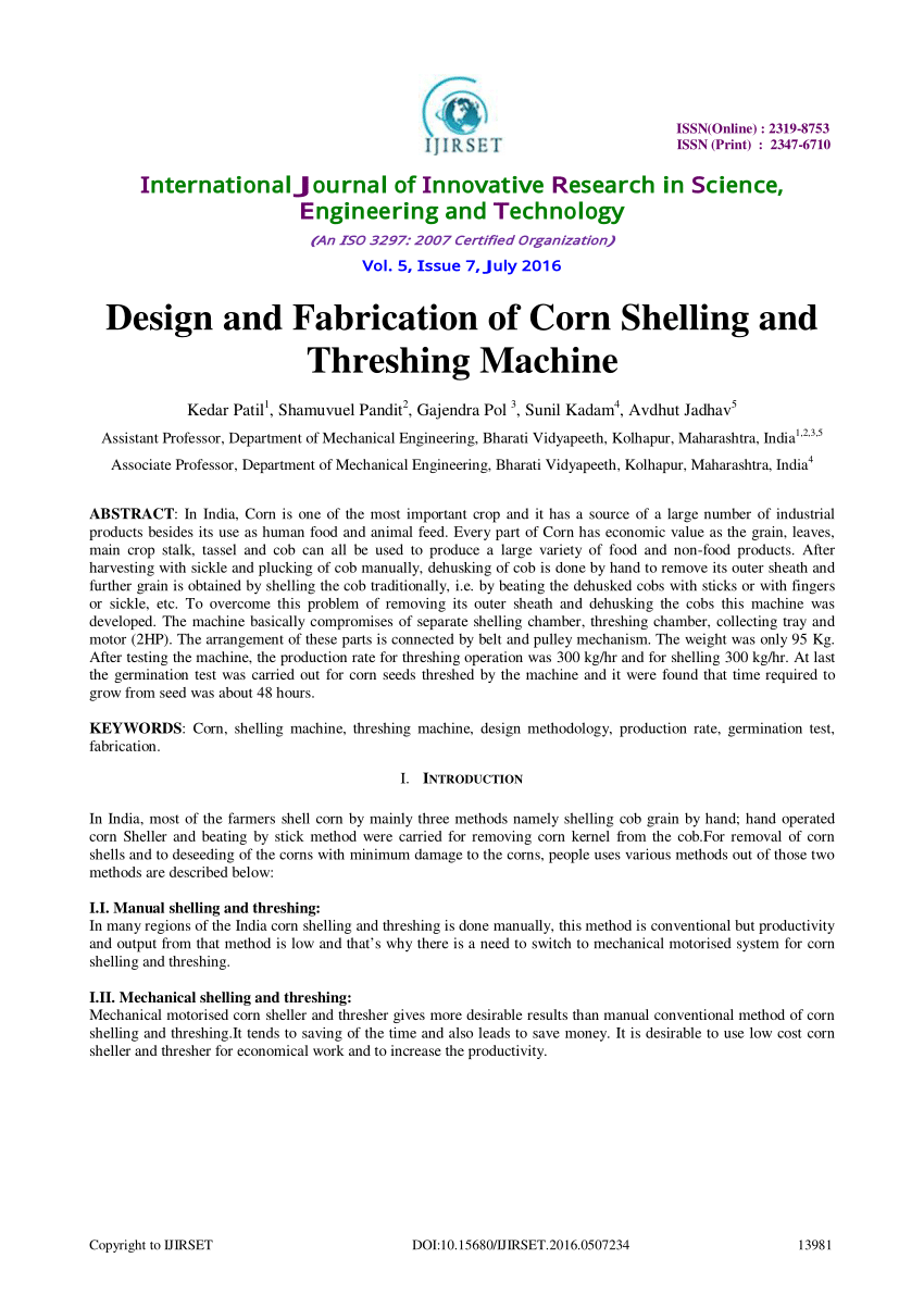 Pdf Design And Fabrication Of Corn Shelling And Threshing Machine