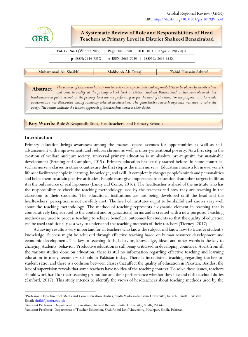 Pdf) A Systematic Review Of Role And Responsibilities Of Head Teachers At  Primary Level In District Shaheed Benazirabad