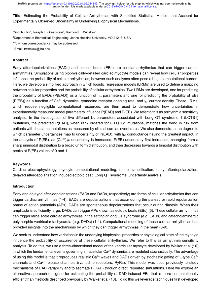 Pdf Estimating The Probability Of Cellular Arrhythmias With Simplified Statistical Models That Account For Experimentally Observed Uncertainty In Underlying Biophysical Mechanisms