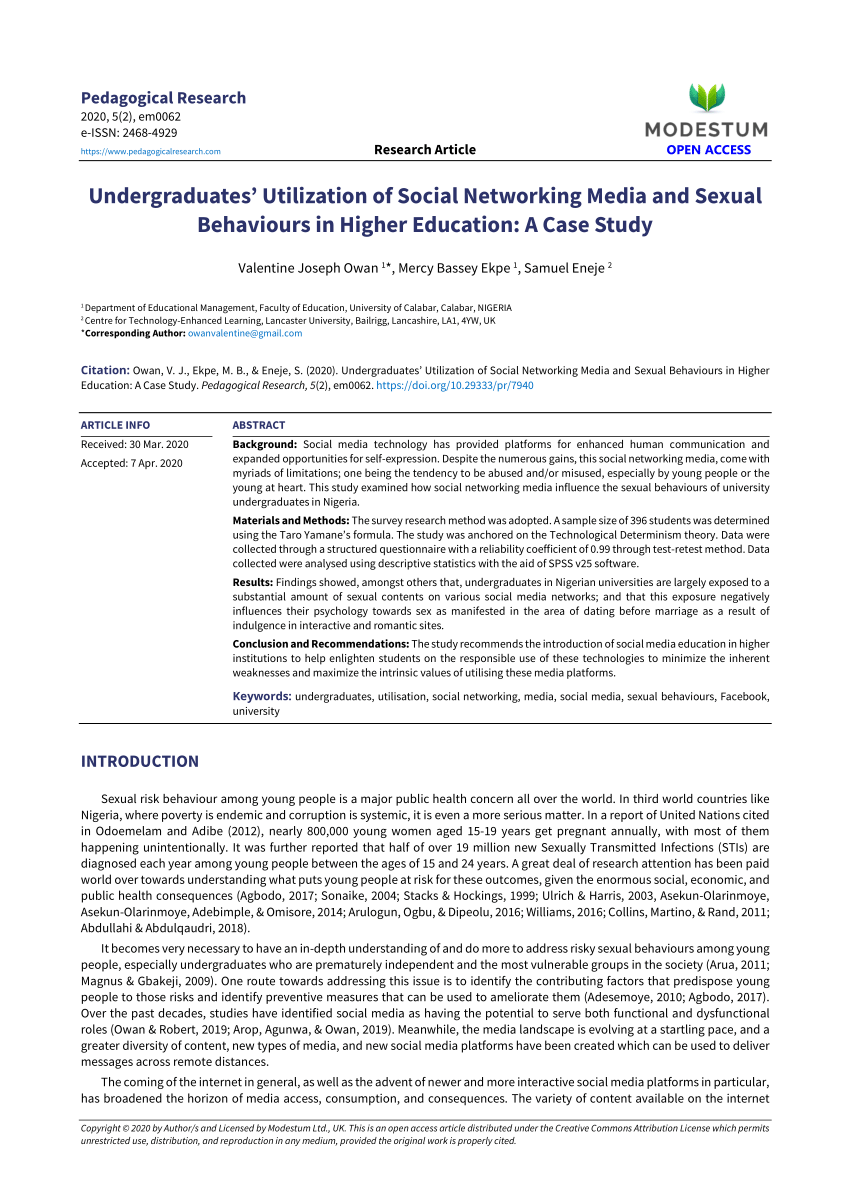 Pdf Undergraduates Utilization Of Social Networking Media And Sexual Behaviours In Higher 6341