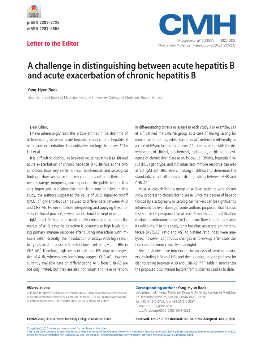 Pdf A Challenge In Distinguishing Between Acute Hepatitis B And Acute Exacerbation Of Chronic Hepatitis B