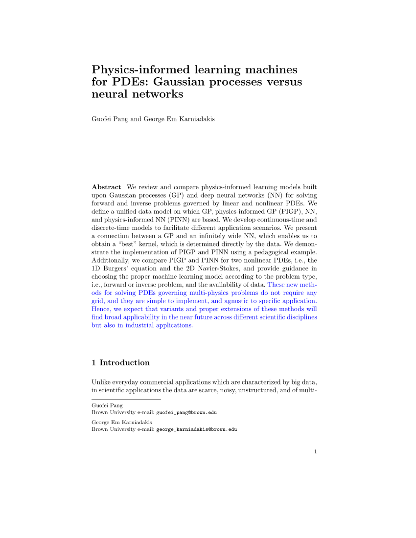 Pdf Physics Informed Learning Machines For Partial Differential Equations Gaussian Processes Versus Neural Networks
