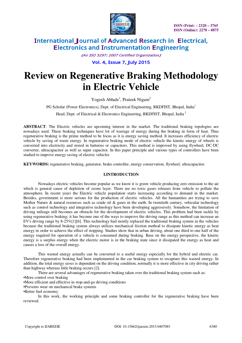 (PDF) Review on Regenerative Braking Methodology in Electric Vehicle