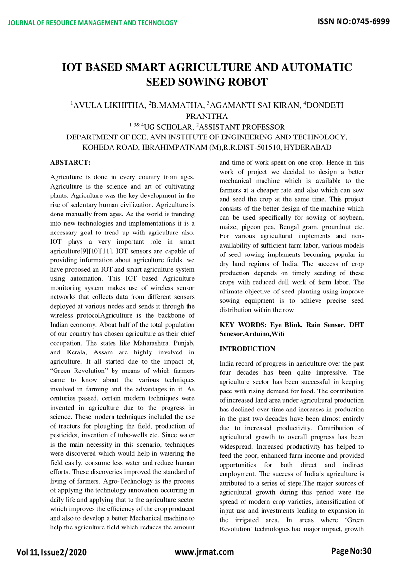 (PDF) IOT BASED SMART AGRICULTURE AND AUTOMATIC SEED SOWING ROBOT