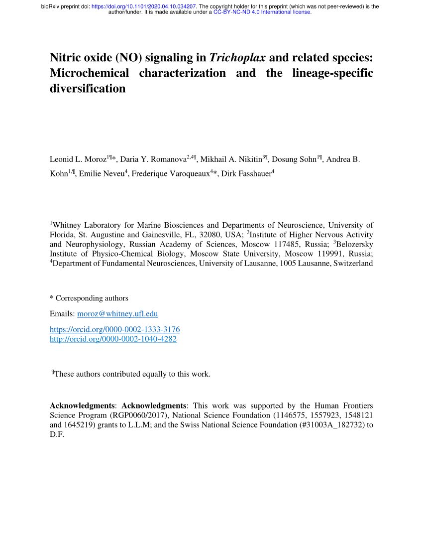 (PDF) Nitric oxide (NO) signaling in Trichoplax and related species