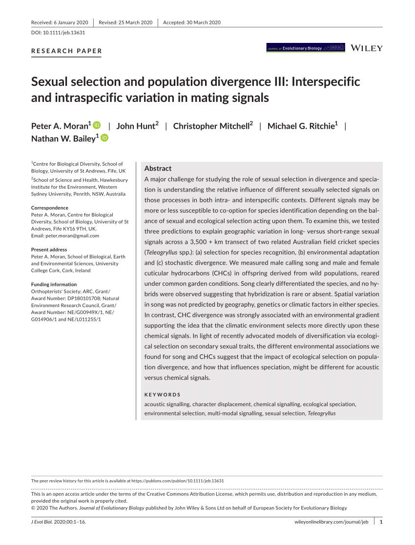 Pdf Sexual Selection And Population Divergence Iii Interspecific And Intraspecific Variation 4740