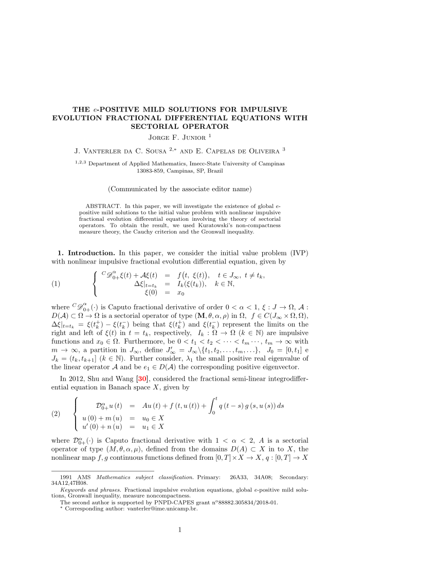 Pdf The E Positive Mild Solutions For Impulsive Evolution Fractional Differential Equations With Sectorial Operator