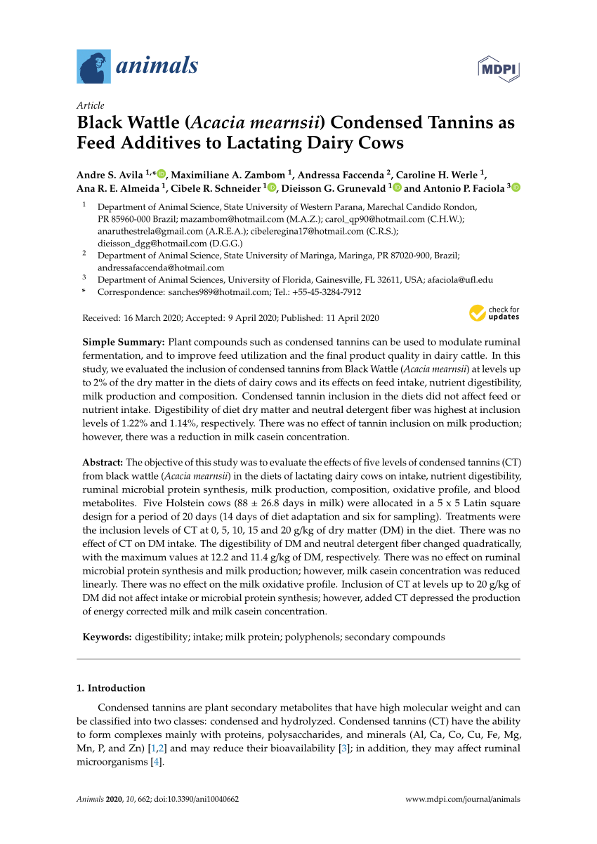 Pdf Black Wattle Acacia Mearnsii Condensed Tannins As Feed Additives To Lactating Dairy Cows