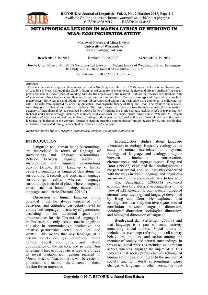 Pdf Metaphorical Lexicon In Maena Lyrics Of Wedding In Nias Ecolinguistics Study